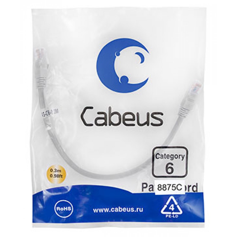 Cabeus PC-UTP-RJ45-Cat.6-0.3m-LSZH Патч-корд U/UTP, категория 6, 2xRJ45/8p8c, неэкранированный, серый, LSZH, 0.3м