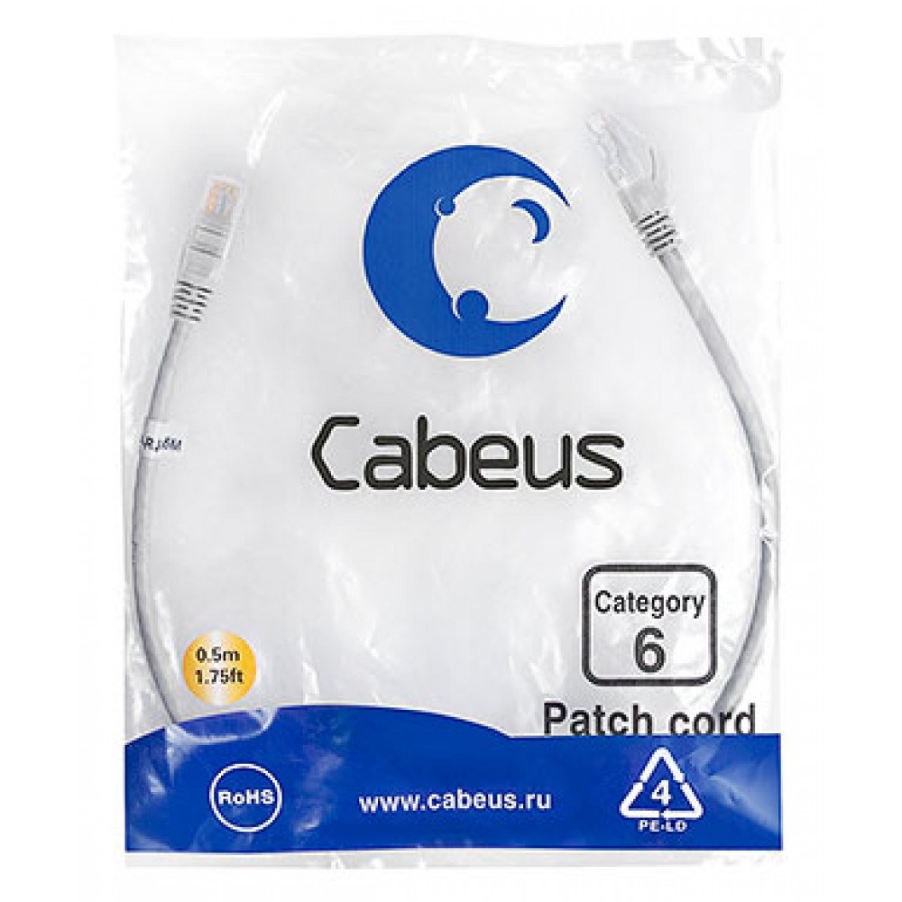 Cabeus PC-UTP-RJ45-Cat.6-0.5m Патч-корд U/UTP, категория 6, 2xRJ45/8p8c, неэкранированный, серый, PVC, 0.5м