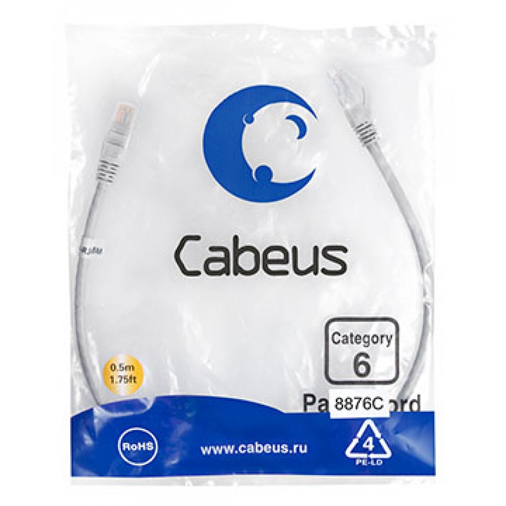 Cabeus PC-UTP-RJ45-Cat.6-0.5m-LSZH Патч-корд U/UTP, категория 6, 2xRJ45/8p8c, неэкранированный, серый, LSZH, 0.5м