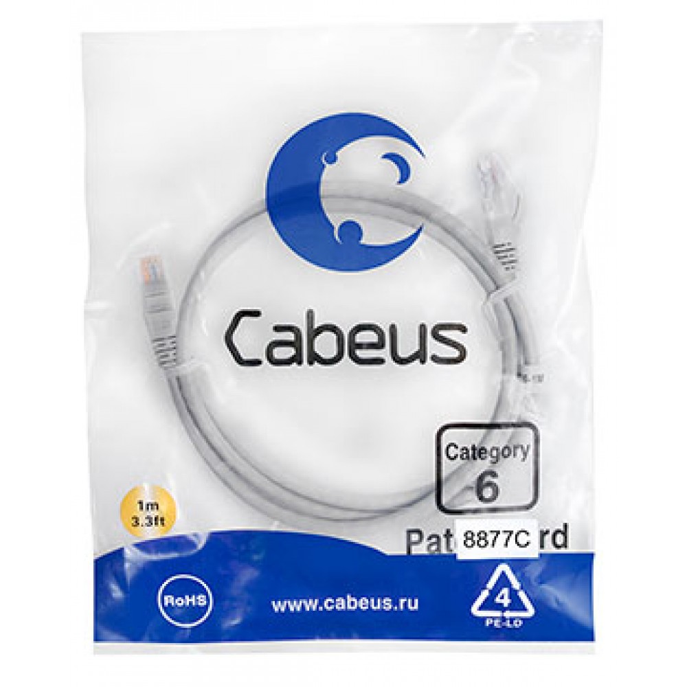 Cabeus PC-UTP-RJ45-Cat.6-1m-LSZH Патч-корд U/UTP, категория 6, 2xRJ45/8p8c, неэкранированный, серый, LSZH, 1м