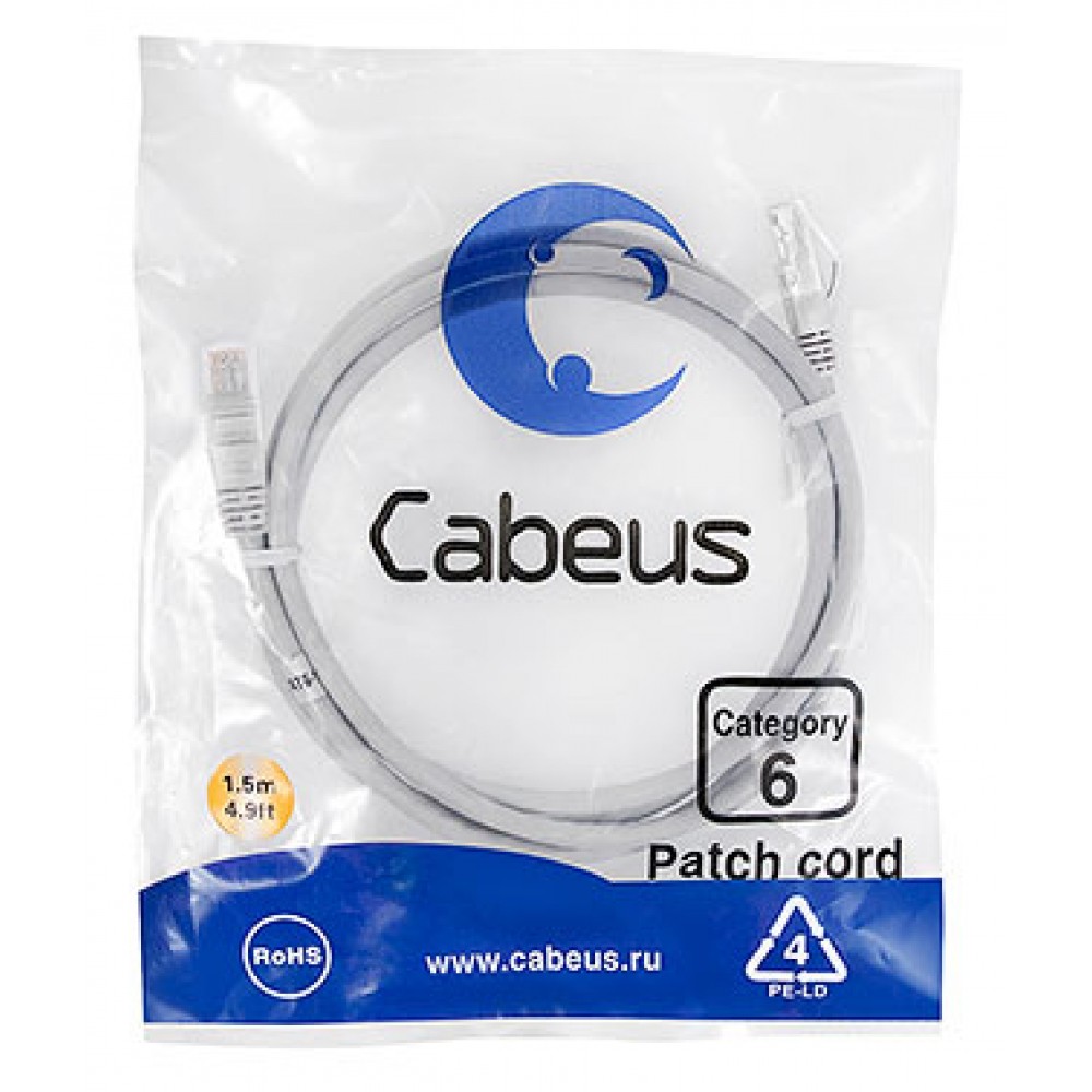 Cabeus PC-UTP-RJ45-Cat.6-1.5m Патч-корд U/UTP, категория 6, 2xRJ45/8p8c, неэкранированный, серый, PVC, 1.5м