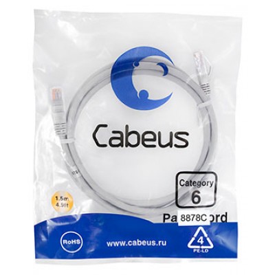 Cabeus PC-UTP-RJ45-Cat.6-1.5m-LSZH Патч-корд U/UTP, категория 6, 2xRJ45/8p8c, неэкранированный, серый, LSZH, 1.5м