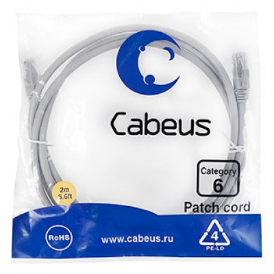 Cabeus PC-UTP-RJ45-Cat.6-2m Патч-корд U/UTP, категория 6, 2xRJ45/8p8c, неэкранированный, серый, PVC, 2м