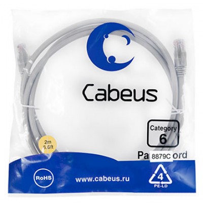 Cabeus PC-UTP-RJ45-Cat.6-2m-LSZH Патч-корд U/UTP, категория 6, 2xRJ45/8p8c, неэкранированный, серый, LSZH, 2м