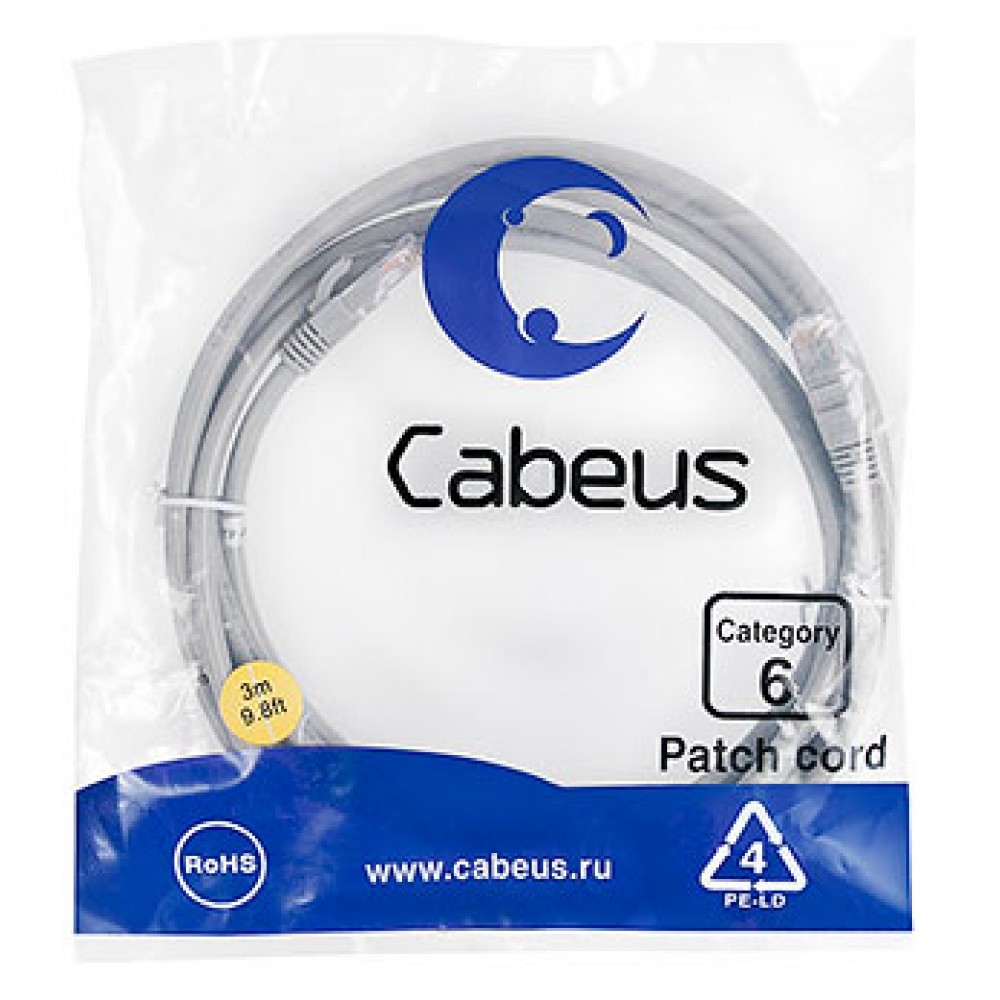 Cabeus PC-UTP-RJ45-Cat.6-3m Патч-корд U/UTP, категория 6, 2xRJ45/8p8c, неэкранированный, серый, PVC, 3м