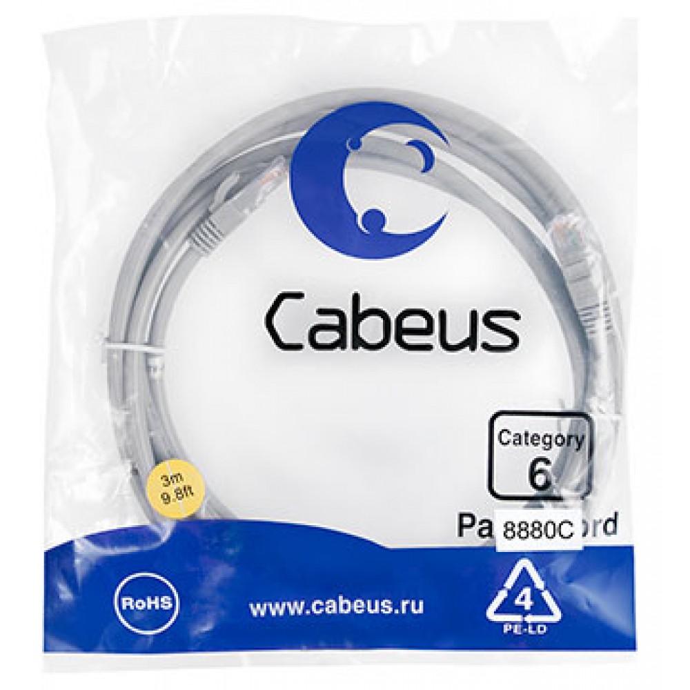 Cabeus PC-UTP-RJ45-Cat.6-3m-LSZH Патч-корд U/UTP, категория 6, 2xRJ45/8p8c, неэкранированный, серый, LSZH, 3м