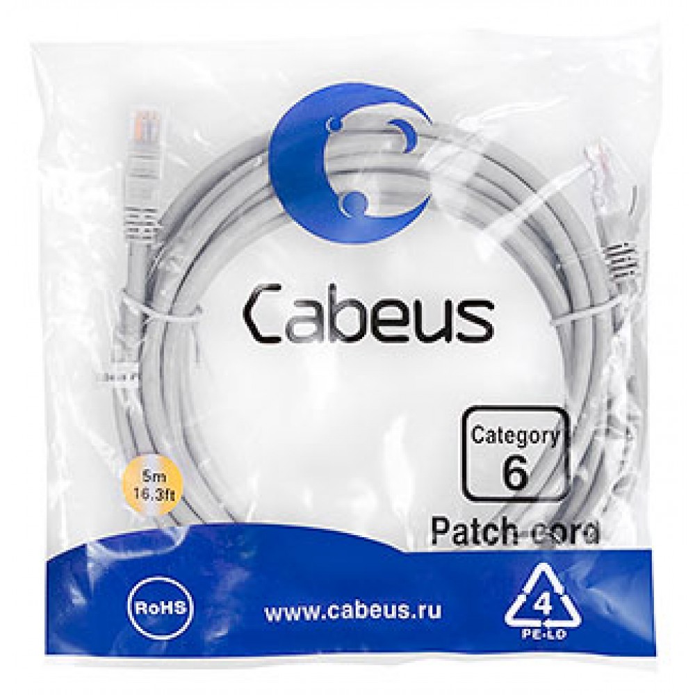 Cabeus PC-UTP-RJ45-Cat.6-5m Патч-корд U/UTP, категория 6, 2xRJ45/8p8c, неэкранированный, серый, PVC, 5м