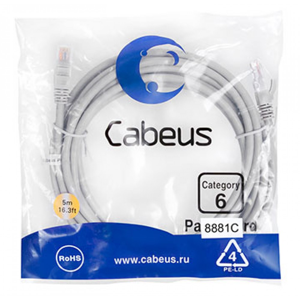 Cabeus PC-UTP-RJ45-Cat.6-5m-LSZH Патч-корд U/UTP, категория 6, 2xRJ45/8p8c, неэкранированный, серый, LSZH, 5м