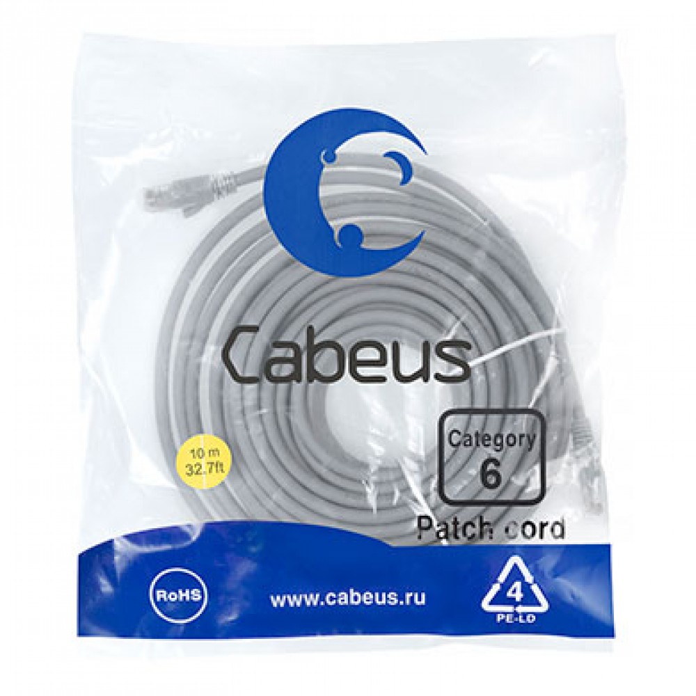 Cabeus PC-UTP-RJ45-Cat.6-10m Патч-корд U/UTP, категория 6, 2xRJ45/8p8c, неэкранированный, серый, PVC, 10м