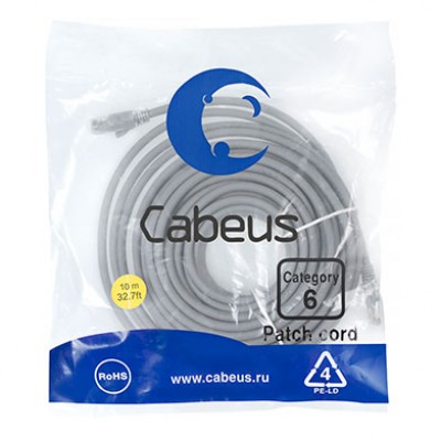 Cabeus PC-UTP-RJ45-Cat.6-10m Патч-корд U/UTP, категория 6, 2xRJ45/8p8c, неэкранированный, серый, PVC, 10м