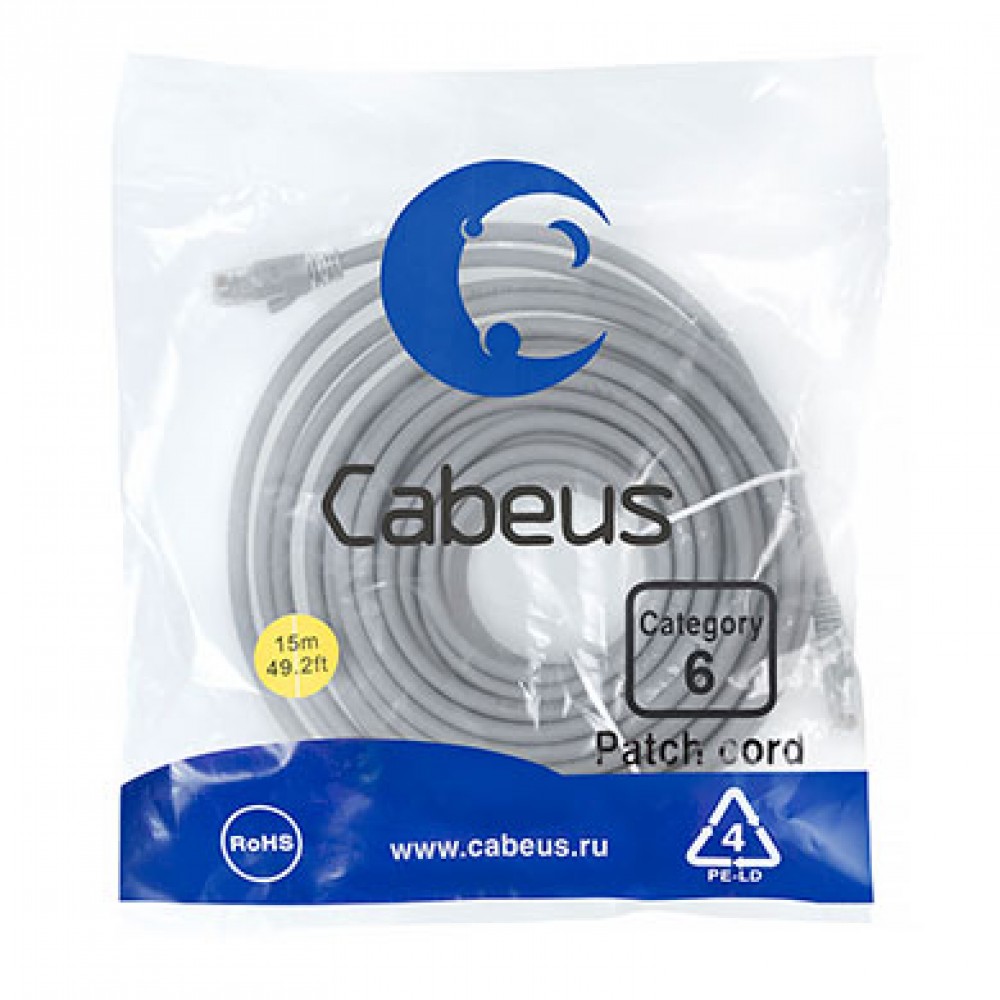 Cabeus PC-UTP-RJ45-Cat.6-15m Патч-корд U/UTP, категория 6, 2xRJ45/8p8c, неэкранированный, серый, PVC, 15м