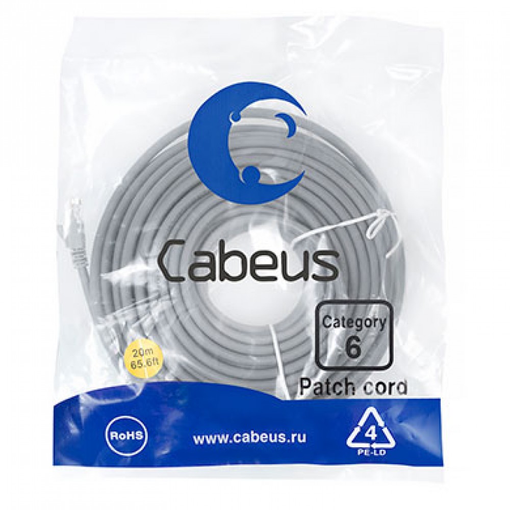 Cabeus PC-UTP-RJ45-Cat.6-20m Патч-корд U/UTP, категория 6, 2xRJ45/8p8c, неэкранированный, серый, PVC, 20м