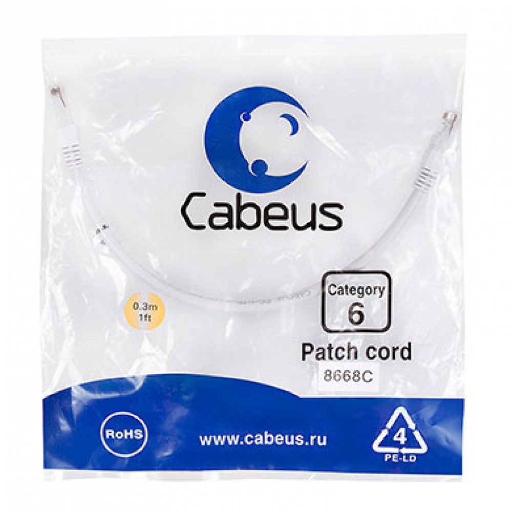 Cabeus PC-UTP-RJ45-Cat.6-0.3m-WH Патч-корд U/UTP, категория 6, 2xRJ45/8p8c, неэкранированный, белый, PVC, 0.3м