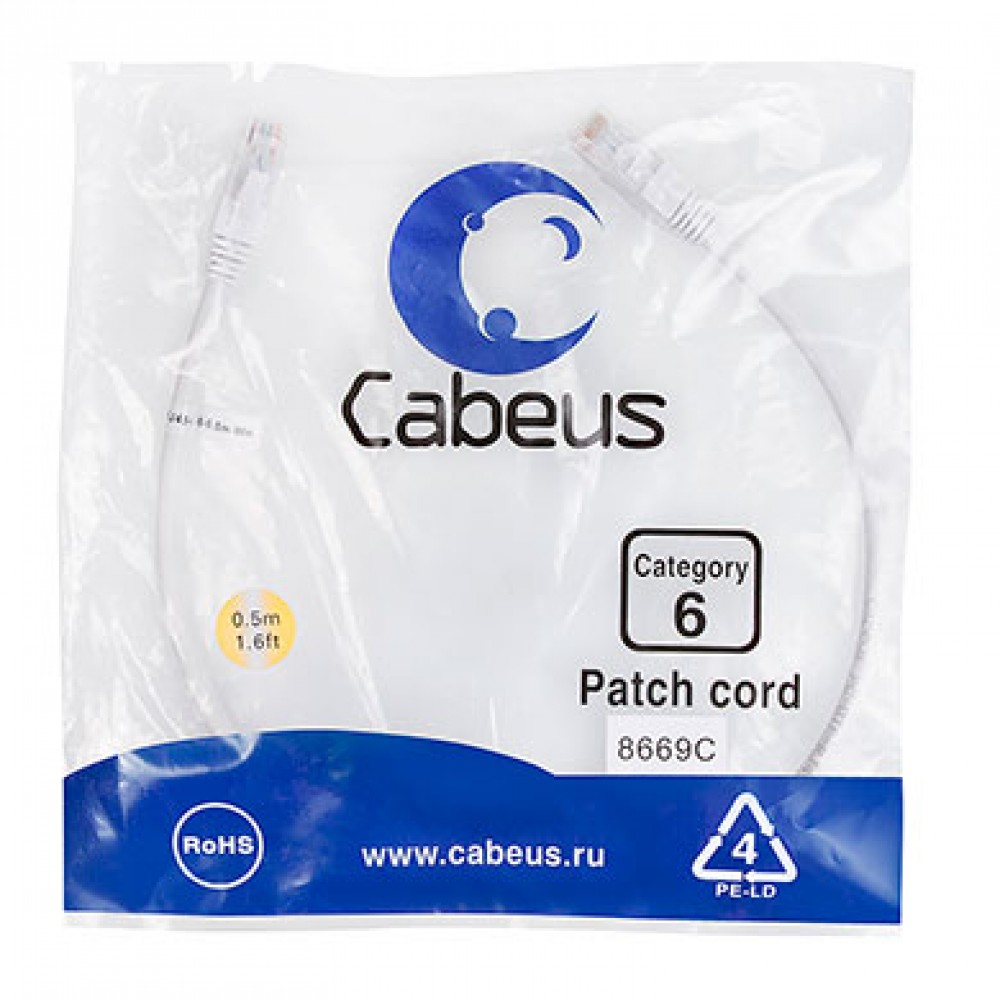 Cabeus PC-UTP-RJ45-Cat.6-0.5m-WH Патч-корд U/UTP, категория 6, 2xRJ45/8p8c, неэкранированный, белый, PVC, 0.5м