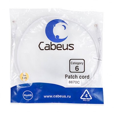 Cabeus PC-UTP-RJ45-Cat.6-1m-WH Патч-корд U/UTP, категория 6, 2xRJ45/8p8c, неэкранированный, белый, PVC, 1м