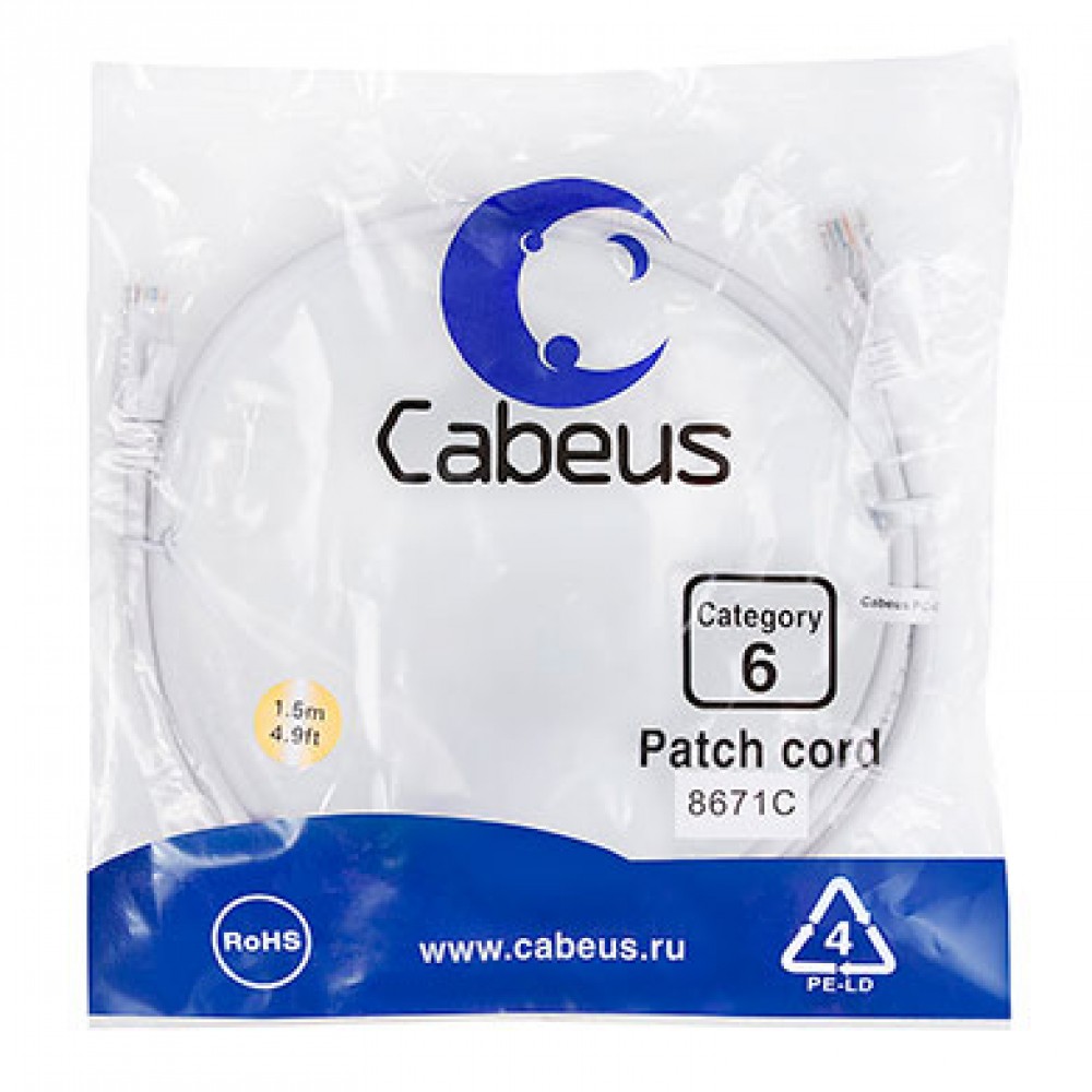 Cabeus PC-UTP-RJ45-Cat.6-1.5m-WH Патч-корд U/UTP, категория 6, 2xRJ45/8p8c, неэкранированный, белый, PVC, 1.5м
