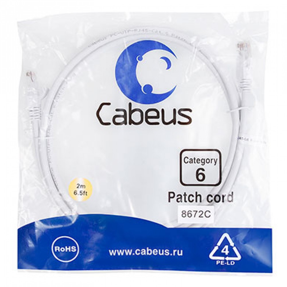 Cabeus PC-UTP-RJ45-Cat.6-2m-WH Патч-корд U/UTP, категория 6, 2xRJ45/8p8c, неэкранированный, белый, PVC, 2м
