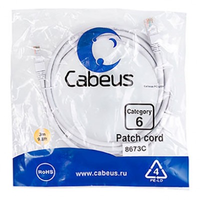 Cabeus PC-UTP-RJ45-Cat.6-3m-WH Патч-корд U/UTP, категория 6, 2xRJ45/8p8c, неэкранированный, белый, PVC, 3м