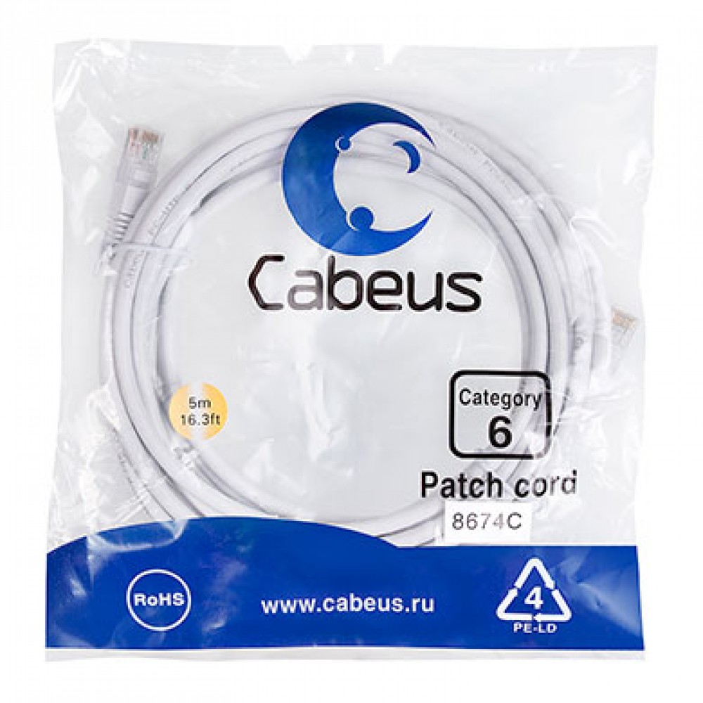 Cabeus PC-UTP-RJ45-Cat.6-5m-WH Патч-корд U/UTP, категория 6, 2xRJ45/8p8c, неэкранированный, белый, PVC, 5м