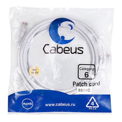 Cabeus PC-UTP-RJ45-Cat.6-5m-WH Патч-корд U/UTP, категория 6, 2xRJ45/8p8c, неэкранированный, белый, PVC, 5м