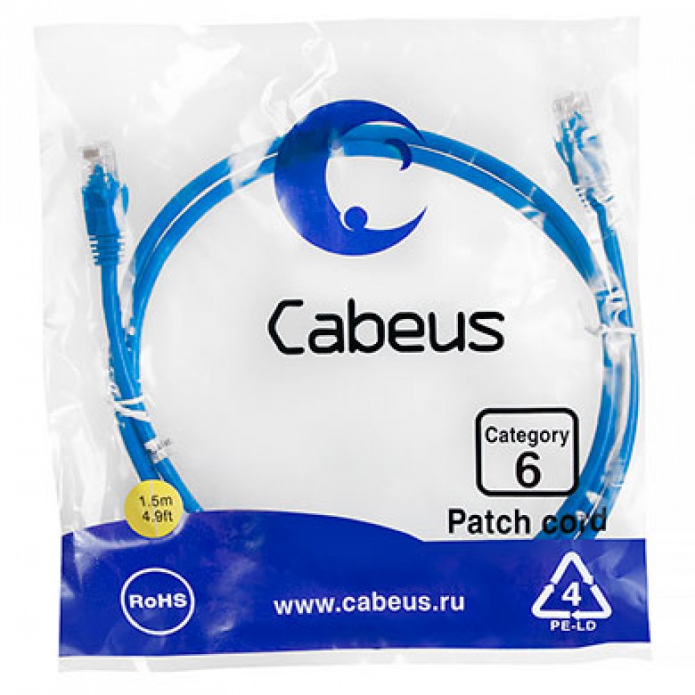 Cabeus PC-UTP-RJ45-Cat.6-1.5m-BL Патч-корд U/UTP, категория 6, 2xRJ45/8p8c, неэкранированный, синий, PVC, 1.5м