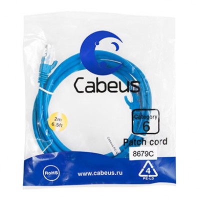 Cabeus PC-UTP-RJ45-Cat.6-2m-BL Патч-корд U/UTP, категория 6, 2xRJ45/8p8c, неэкранированный, синий, PVC, 2м