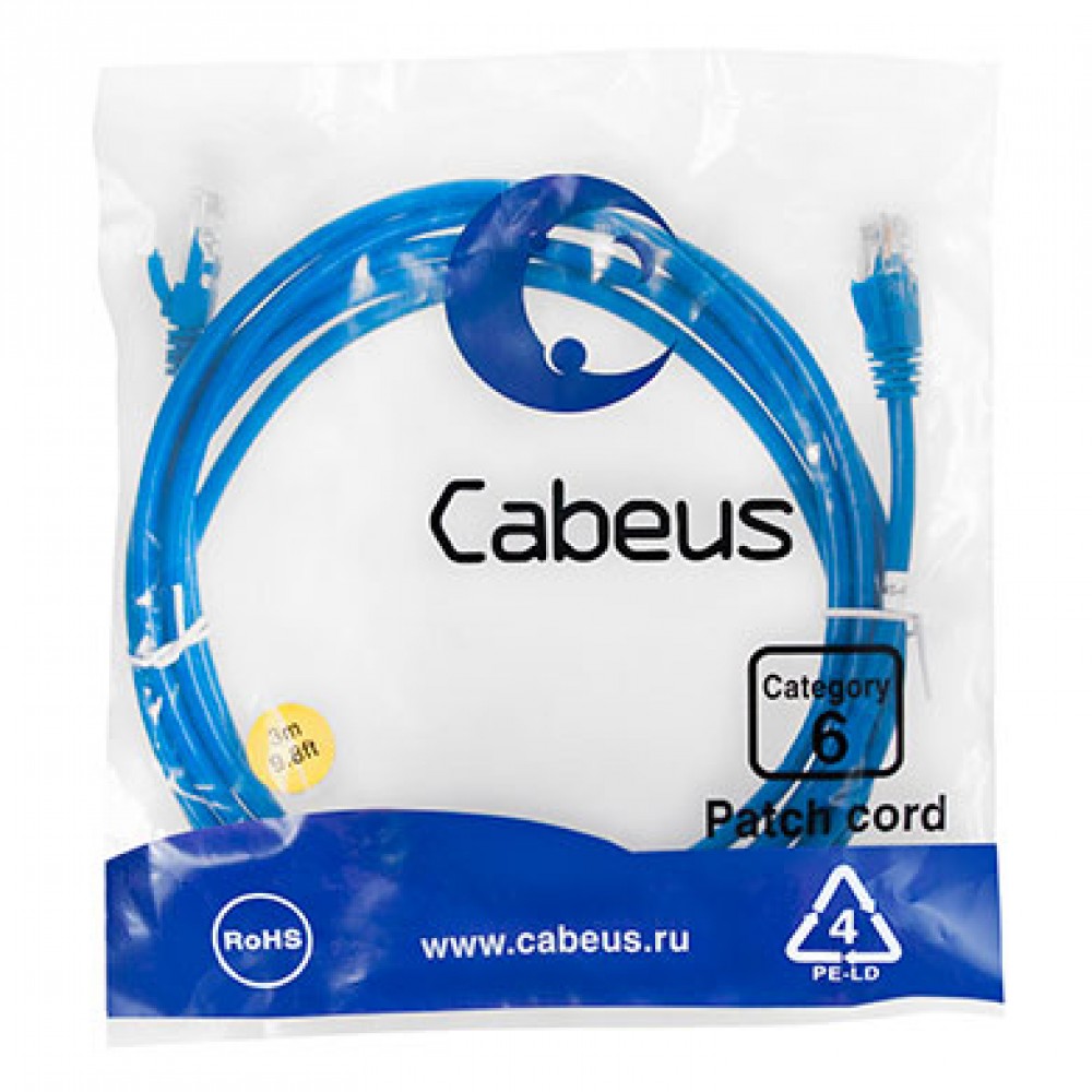 Cabeus PC-UTP-RJ45-Cat.6-3m-BL Патч-корд U/UTP, категория 6, 2xRJ45/8p8c, неэкранированный, синий, PVC, 3м