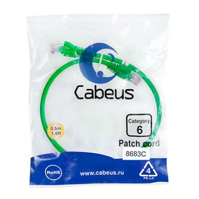 Cabeus PC-UTP-RJ45-Cat.6-0.5m-GN Патч-корд U/UTP, категория 6, 2xRJ45/8p8c, неэкранированный, зеленый, PVC, 0.5м