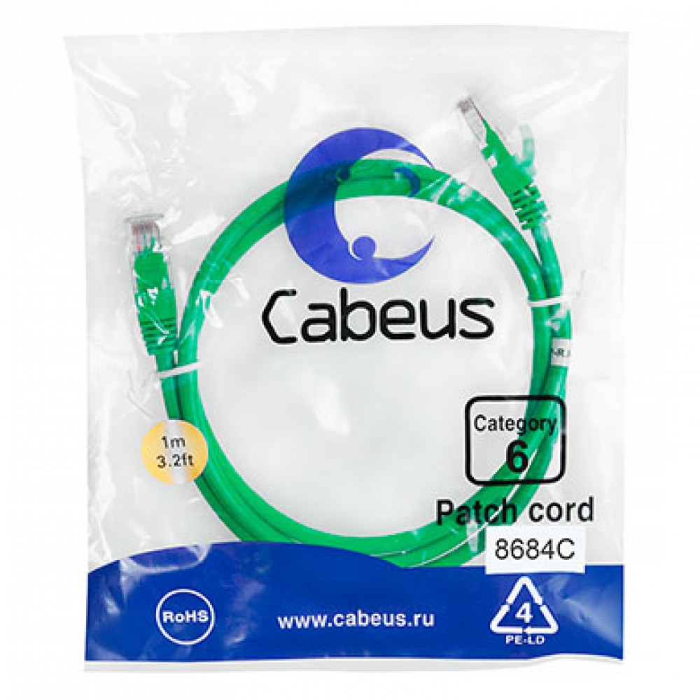 Cabeus PC-UTP-RJ45-Cat.6-1m-GN Патч-корд U/UTP, категория 6, 2xRJ45/8p8c, неэкранированный, зеленый, PVC, 1м