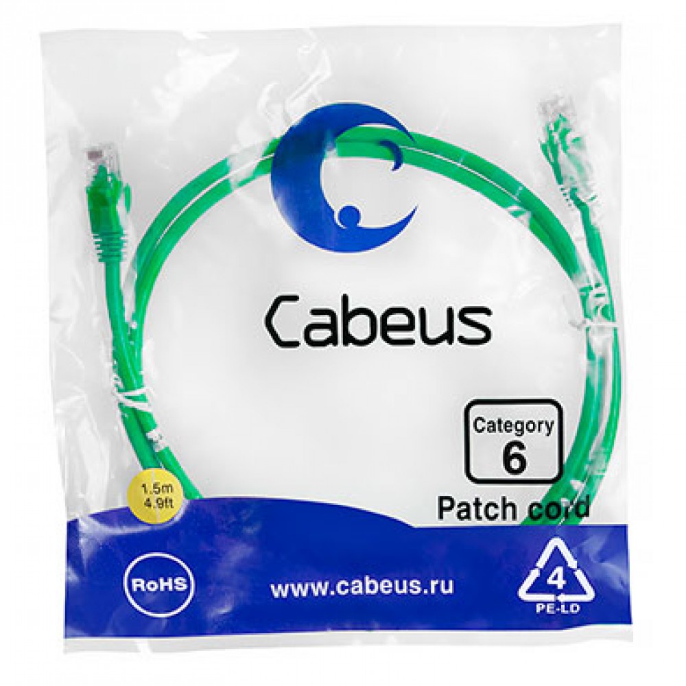 Cabeus PC-UTP-RJ45-Cat.6-1.5m-GN Патч-корд U/UTP, категория 6, 2xRJ45/8p8c, неэкранированный, зеленый, PVC, 1.5м