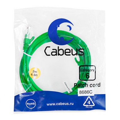 Cabeus PC-UTP-RJ45-Cat.6-2m-GN Патч-корд U/UTP, категория 6, 2xRJ45/8p8c, неэкранированный, зеленый, PVC, 2м