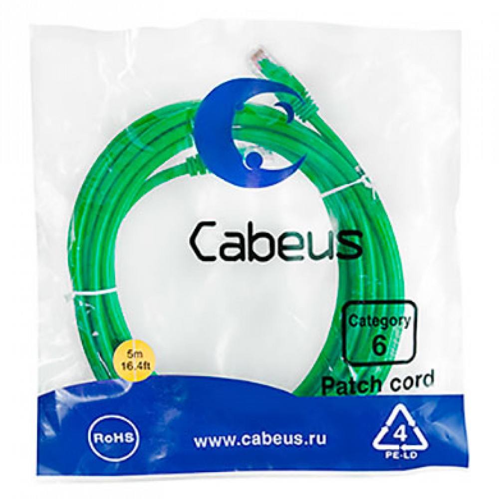Cabeus PC-UTP-RJ45-Cat.6-5m-GN Патч-корд U/UTP, категория 6, 2xRJ45/8p8c, неэкранированный, зеленый, PVC, 5м