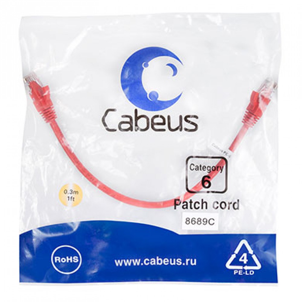 Cabeus PC-UTP-RJ45-Cat.6-0.3m-RD Патч-корд U/UTP, категория 6, 2xRJ45/8p8c, неэкранированный, красный, PVC, 0.3м
