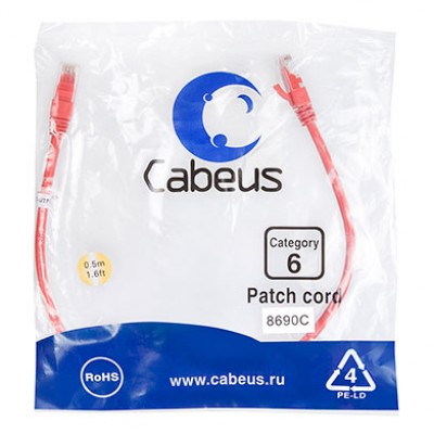 Cabeus PC-UTP-RJ45-Cat.6-0.5m-RD Патч-корд U/UTP, категория 6, 2xRJ45/8p8c, неэкранированный, красный, PVC, 0.5м