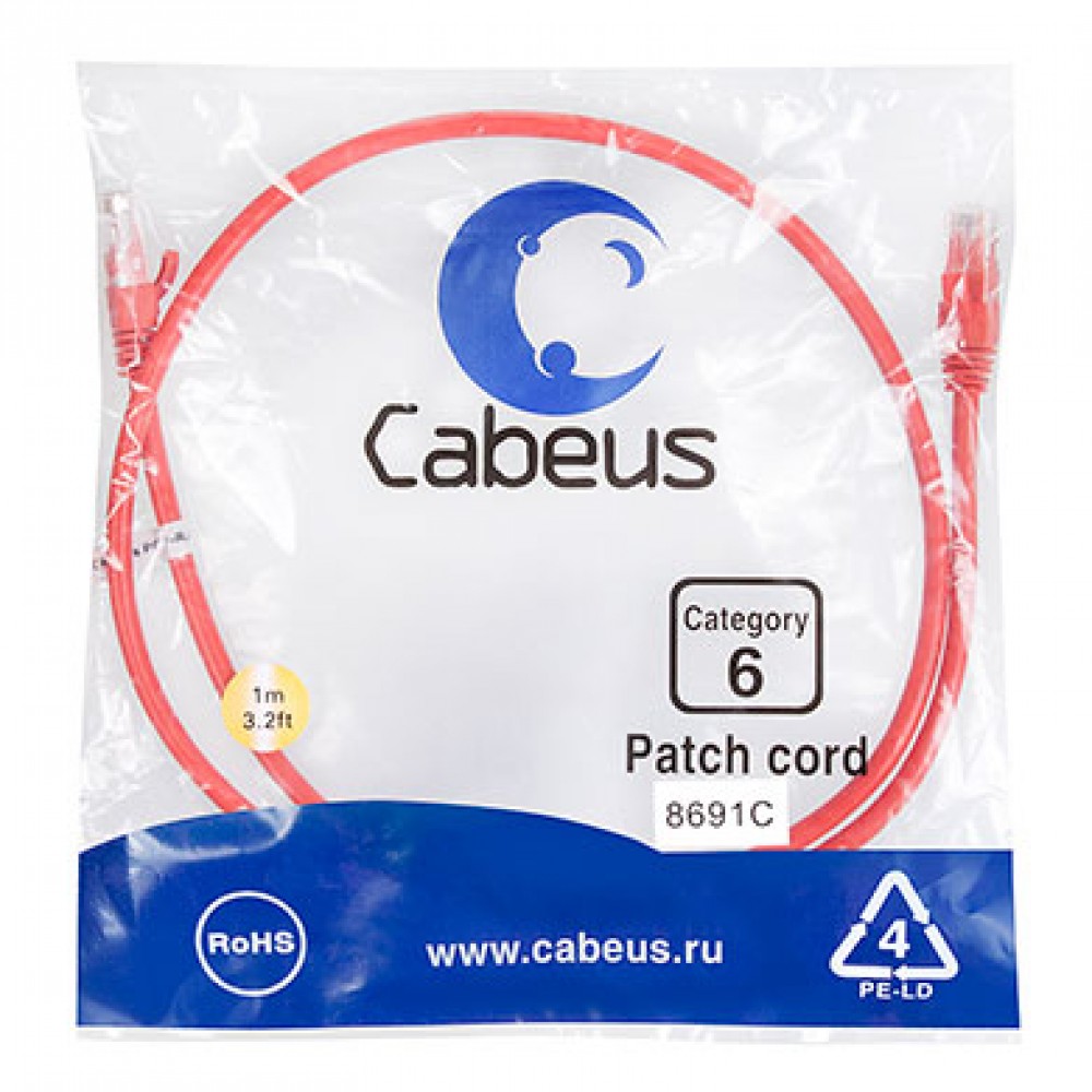 Cabeus PC-UTP-RJ45-Cat.6-1m-RD Патч-корд U/UTP, категория 6, 2xRJ45/8p8c, неэкранированный, красный, PVC, 1м