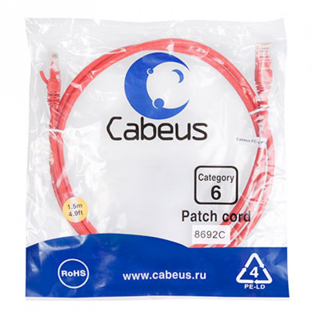 Cabeus PC-UTP-RJ45-Cat.6-1.5m-RD Патч-корд U/UTP, категория 6, 2xRJ45/8p8c, неэкранированный, красный, PVC, 1.5м