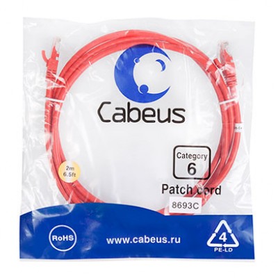 Cabeus PC-UTP-RJ45-Cat.6-2m-RD Патч-корд U/UTP, категория 6, 2xRJ45/8p8c, неэкранированный, красный, PVC, 2м