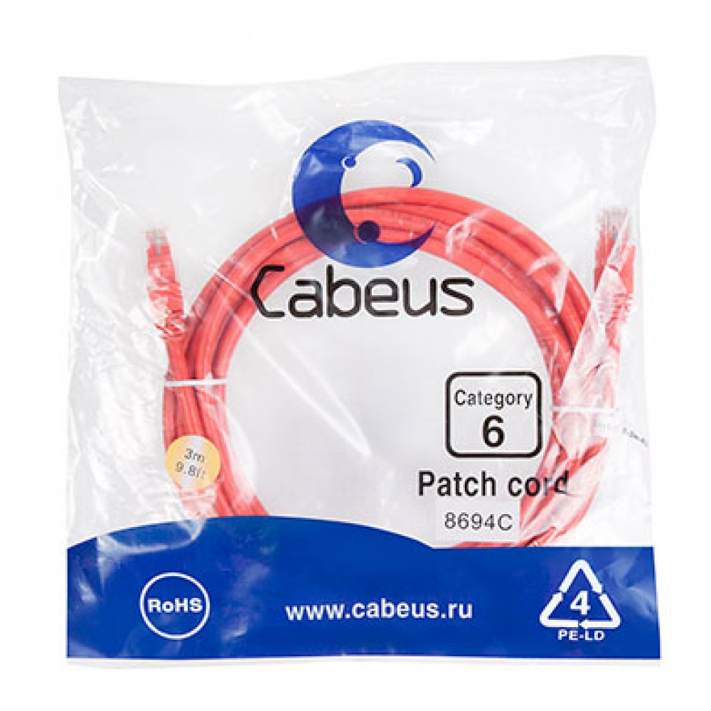 Cabeus PC-UTP-RJ45-Cat.6-3m-RD Патч-корд U/UTP, категория 6, 2xRJ45/8p8c, неэкранированный, красный, PVC, 3м
