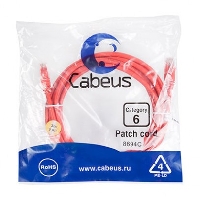 Cabeus PC-UTP-RJ45-Cat.6-3m-RD Патч-корд U/UTP, категория 6, 2xRJ45/8p8c, неэкранированный, красный, PVC, 3м