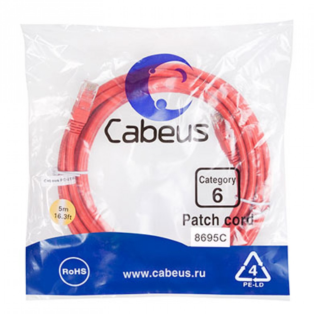 Cabeus PC-UTP-RJ45-Cat.6-5m-RD Патч-корд U/UTP, категория 6, 2xRJ45/8p8c, неэкранированный, красный, PVC, 5м