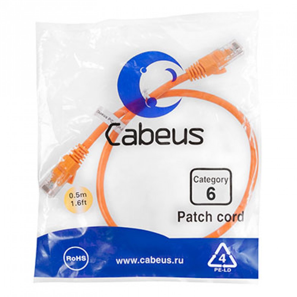 Cabeus PC-UTP-RJ45-Cat.6-0.5m-OR Патч-корд U/UTP, категория 6, 2xRJ45/8p8c, неэкранированный, оранжевый, PVC, 0.5м