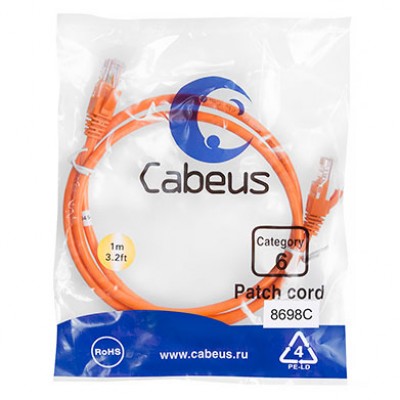 Cabeus PC-UTP-RJ45-Cat.6-1m-OR Патч-корд U/UTP, категория 6, 2xRJ45/8p8c, неэкранированный, оранжевый, PVC, 1м