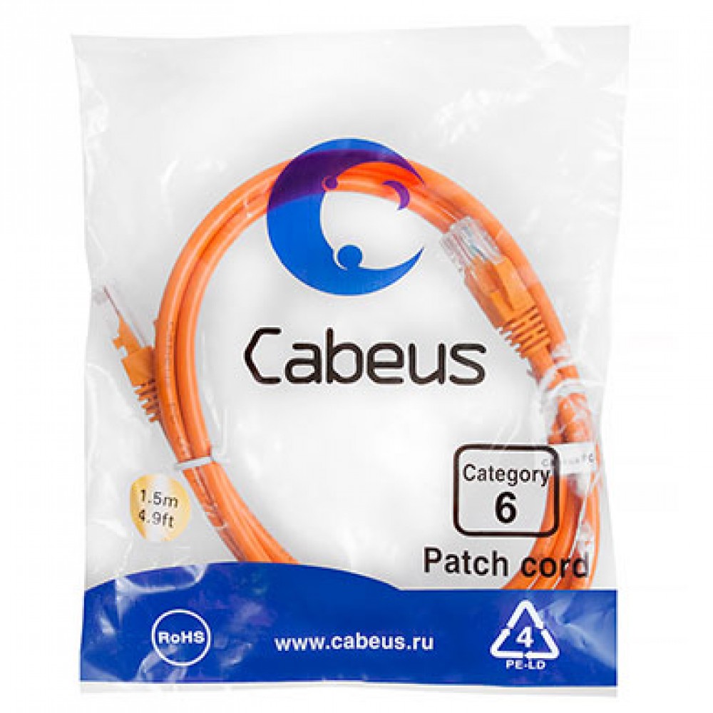 Cabeus PC-UTP-RJ45-Cat.6-1.5m-OR Патч-корд U/UTP, категория 6, 2xRJ45/8p8c, неэкранированный, оранжевый, PVC, 1.5м