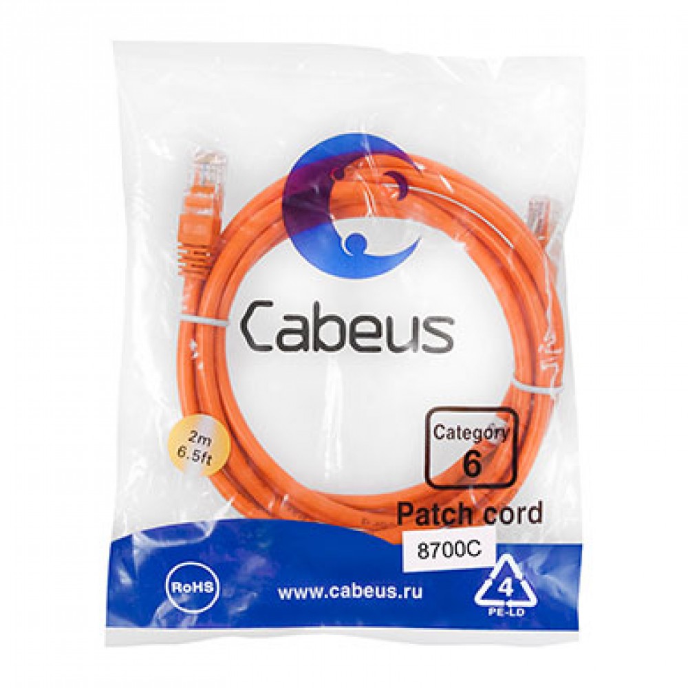 Cabeus PC-UTP-RJ45-Cat.6-2m-OR Патч-корд U/UTP, категория 6, 2xRJ45/8p8c, неэкранированный, оранжевый, PVC, 2м