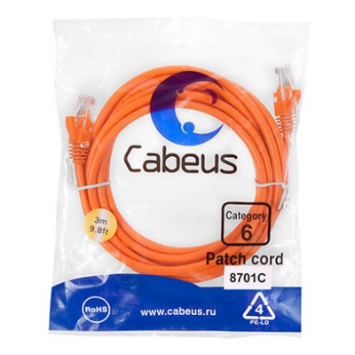 Cabeus PC-UTP-RJ45-Cat.6-3m-OR Патч-корд U/UTP, категория 6, 2xRJ45/8p8c, неэкранированный, оранжевый, PVC, 3м