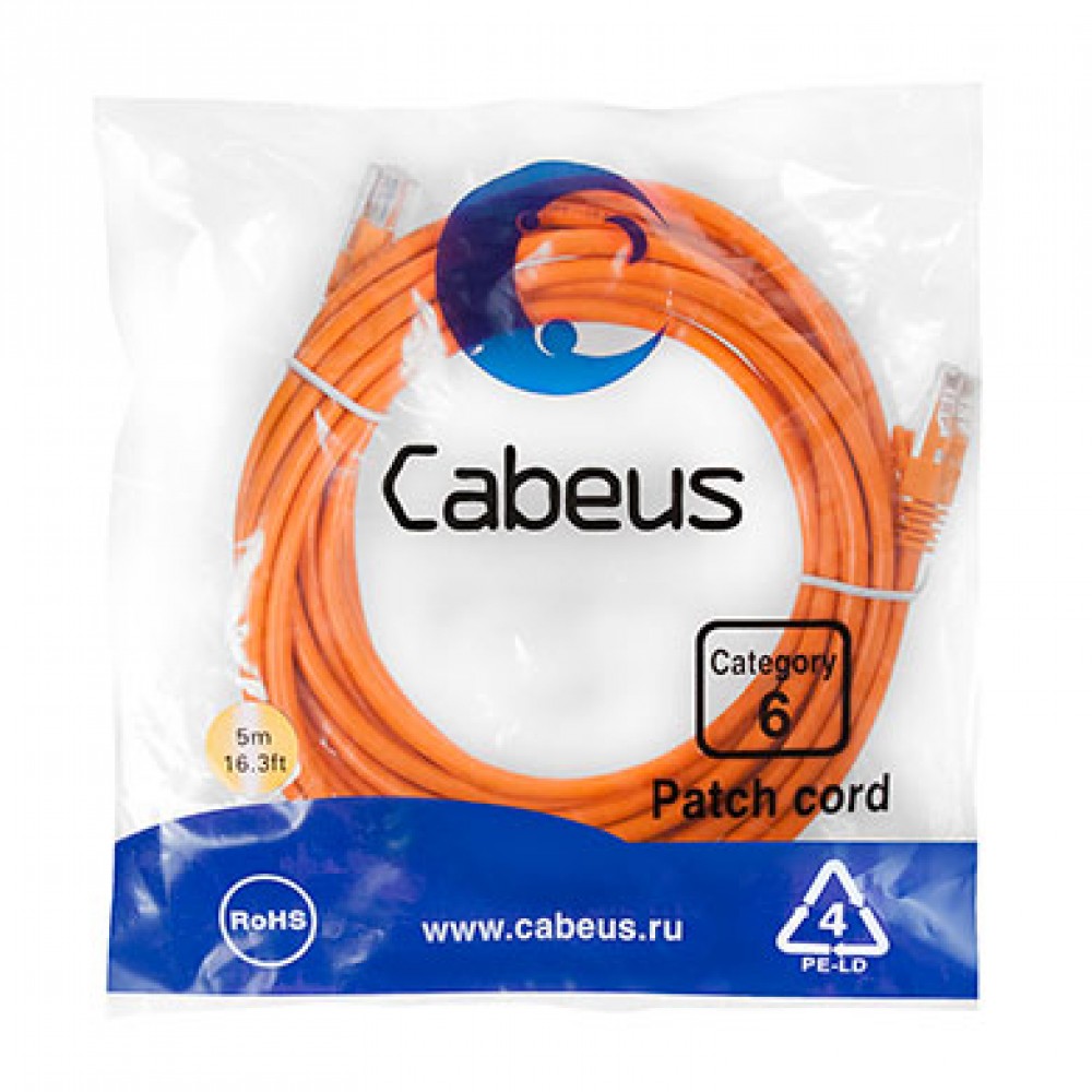 Cabeus PC-UTP-RJ45-Cat.6-5m-OR Патч-корд U/UTP, категория 6, 2xRJ45/8p8c, неэкранированный, оранжевый, PVC, 5м