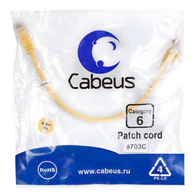Cabeus PC-UTP-RJ45-Cat.6-0.3m-YL Патч-корд U/UTP, категория 6, 2xRJ45/8p8c, неэкранированный, желтый, PVC, 0.3м