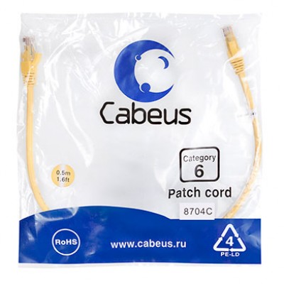 Cabeus PC-UTP-RJ45-Cat.6-0.5m-YL Патч-корд U/UTP, категория 6, 2xRJ45/8p8c, неэкранированный, желтый, PVC, 0.5м