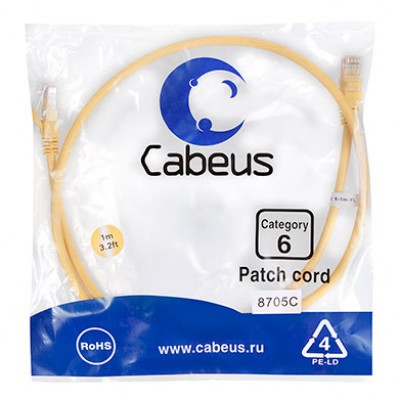 Cabeus PC-UTP-RJ45-Cat.6-1m-YL Патч-корд U/UTP, категория 6, 2xRJ45/8p8c, неэкранированный, желтый, PVC, 1м