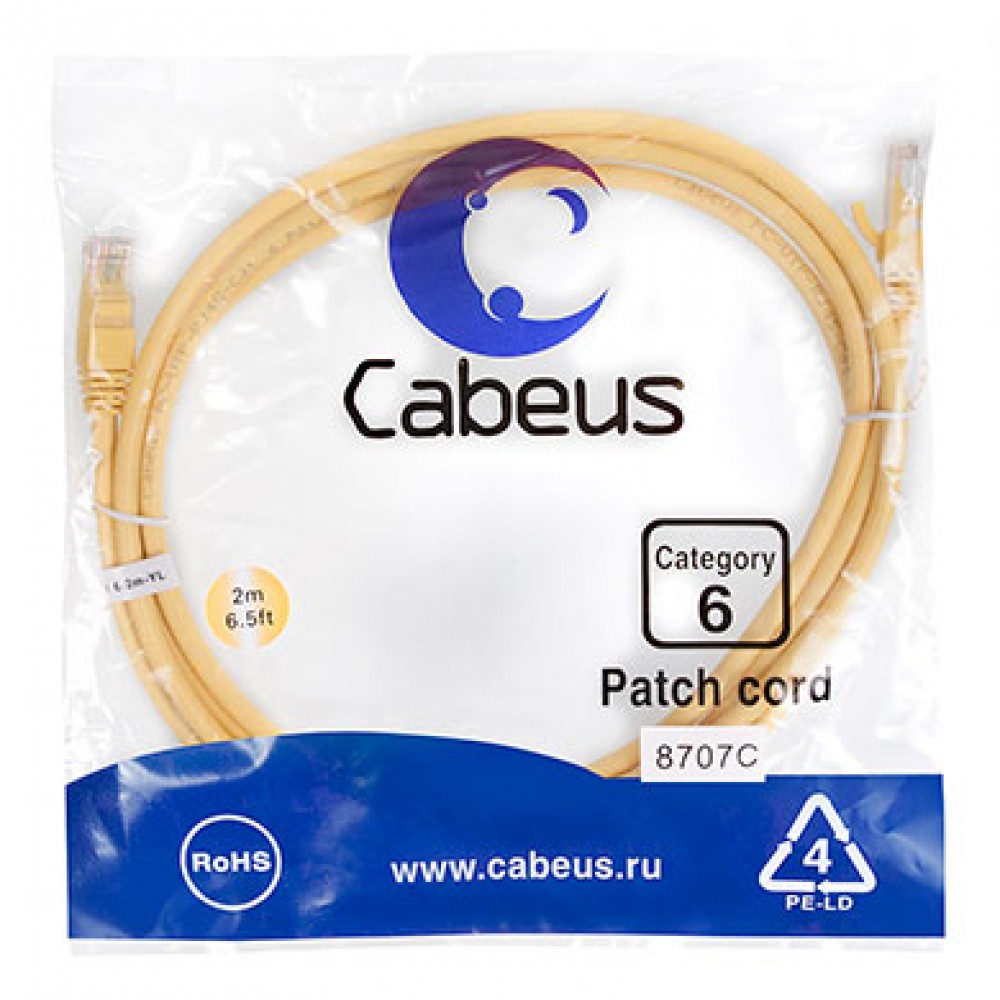 Cabeus PC-UTP-RJ45-Cat.6-2m-YL Патч-корд U/UTP, категория 6, 2xRJ45/8p8c, неэкранированный, желтый, PVC, 2м